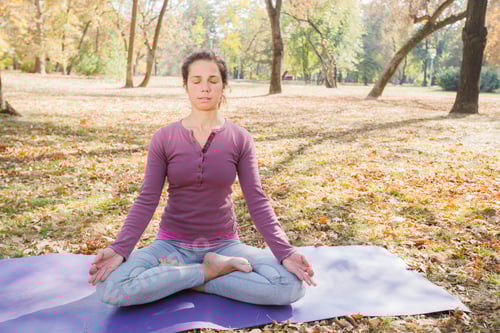 Preview: Woman Meditating And Practicing Yoga, Lotus Pose, Padmasana. Meditation On Sunny Autumn Day At