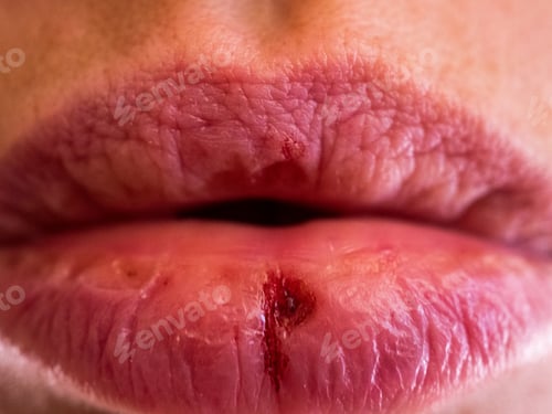 Preview: Close-Up Pale Female Lips Cracked From Frost, Wind, Lack Of Vitamins. Herpes Disease Virus Wound