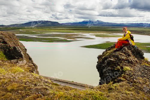 Preview: Happy Young Woman In Bright Clothes Traveling Iceland, Enjouing Nature