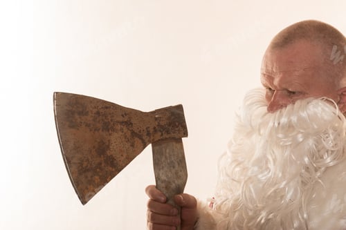 Preview: Bad Santa Claus With An Ax. The Concept Of Fun And Unexpected Advertising. Copy Space.