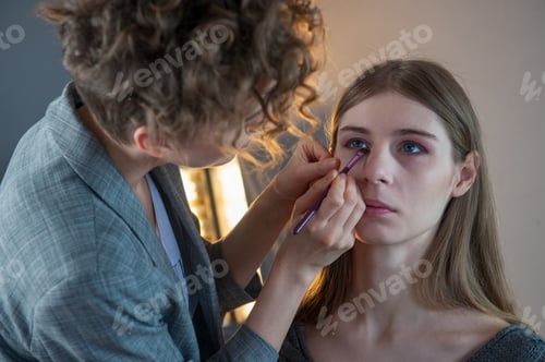 Preview: Makeup Artist And Hairdresser Are Preparing Bride Before Wedding. Hairdresser-Stylist With Short