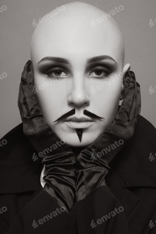 Preview: Sepia Vintage Portrait Of Skinhead Woman With False Whiskers And Imperial Beard
