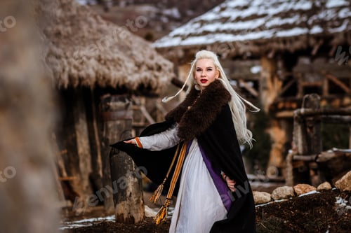Preview: Beautiful Young Woman Holding A Viking With Blond Hair. Image Of Historical Figure