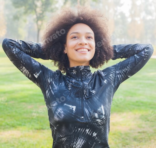 Preview: Happy African Woman Exercise At Park On Green Fields In The Morning.