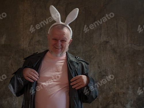 Preview: Elderly Man In Pink Pajamas, Rabbit Ears And Leather Coat Of Exhibition Maniac Is Dancing Against