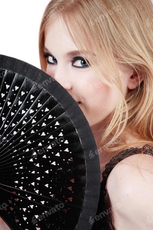Preview: Portrait Of Beautiful Blond Smiling Girl With Black Fan
