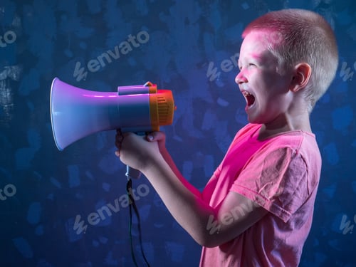 Preview: Child Screaming Into Loudspeaker. Kid Shouting Through Megaphone. Communication Concept. Black