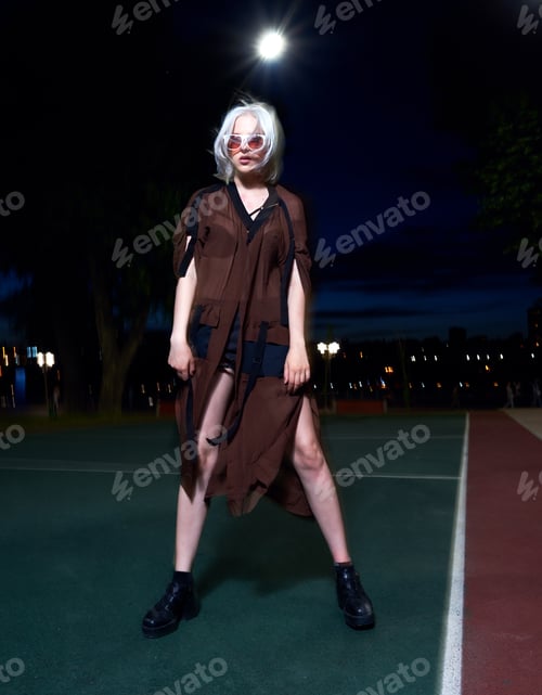 Preview: Girl Model On The Tennis Court, Sports Fashion. Fashion Photo. Shooting At Night.