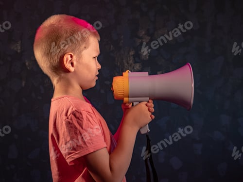 Preview: Child Screaming Into Loudspeaker. Kid Shouting Through Megaphone. Communication Concept. Black