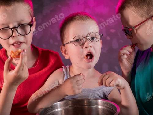 Preview: Funny Little Boys Blond Eating Ripe Strawberries From Large Pot. Kids Helped To Harvest With Mom In