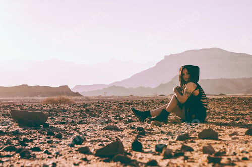 Preview: Beautiful Young Woman In Timna, Desert In Israel. Rocks In Sunset Time. Mystic Concept