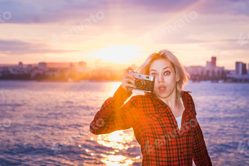 Preview: Girl In A Red Shirt Photographing Old Camera