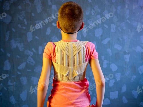 Preview: Kid In Corrector For Spine In Pink T-Shirt On A Gray Background Child Wearing Back Support Belt For