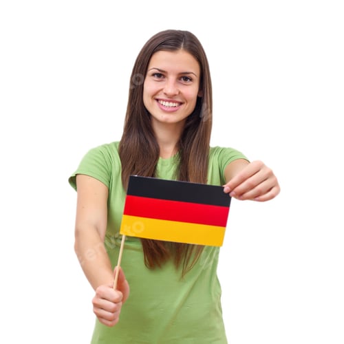 Preview: Beautiful Young Woman Holding German Flag Over White Background.