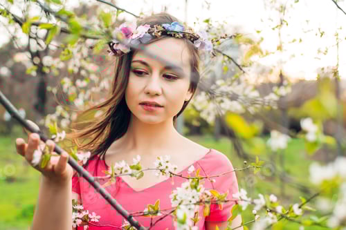 Preview: Beautiful Happy Female In Blossom. Spring Concept
