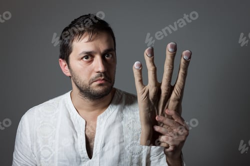 Preview: Young Bearded Man With Interrogative Expression On His Face Holding A Huge Mock Hand