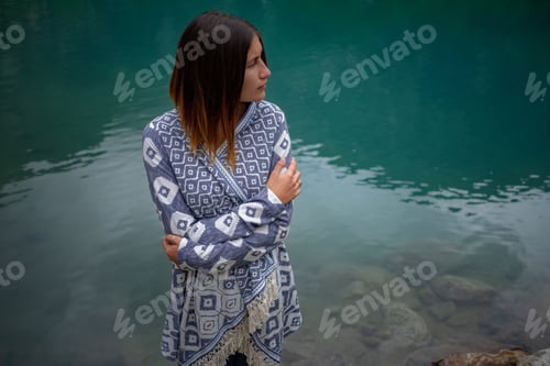 Preview: Adventure Asian Woman Feeling Freezing Among Mountains, Enjoy The Nature View. Forest And Lake