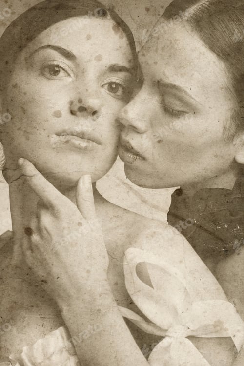Preview: Duotone Portrait Of Two Beautiful Slim Sexy Young Girls In Corsets On Vintage Damaged Grainy