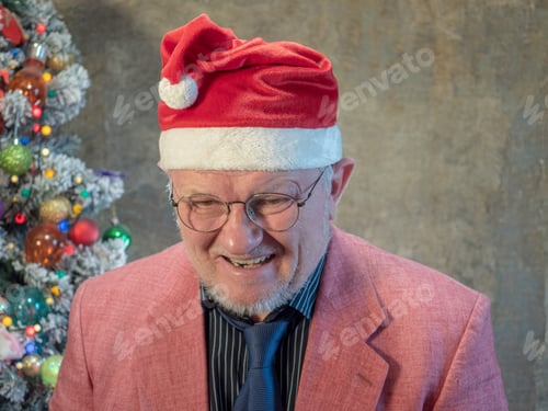 Preview: Elderly Man With Thermometer In His Mouth, Man In Pink Jacket And Black Bandage Through One Eye