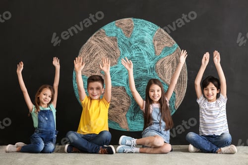 Preview: Little Children And Drawing Of Planet On Dark Background. Earth Day Celebration