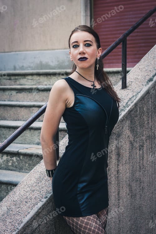 Preview: Pretty Dark Goth Girl Posing In Urban Landscape