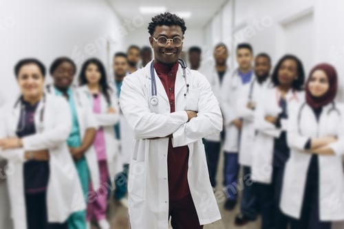 Preview: Handsome African Male Doctor On The Students Background.