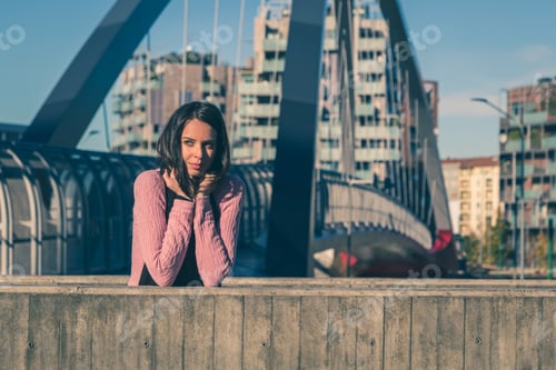 Preview: Beautiful Young Brunette With Over The Knee Boots Posing In The City Streets