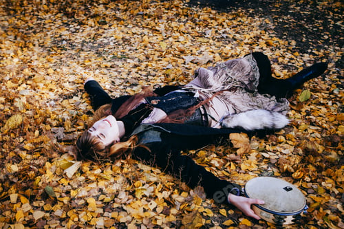 Preview: Autumn Portrait Of Dancing Woman With A Tambourine