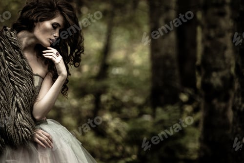 Preview: Portrait Of Romantic Woman In Beautiful Dress In Fairy Forest