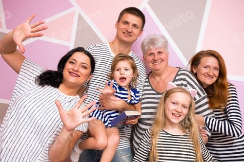 Preview: Big Happy Family. Mother With Daughter, Son And Granddaughters On A Bright Background