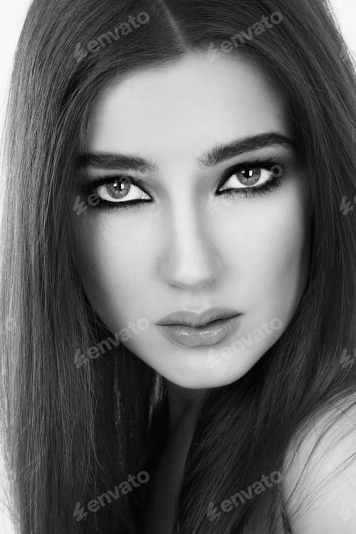 Preview: Black And White Portrait Of Young Beautiful Woman With Long Hair And Smoky Eyes