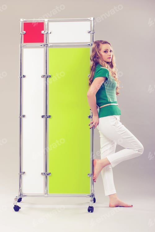 Preview: Beautiful Young Woman In Fashionable Dress Standing By The Color Screen.