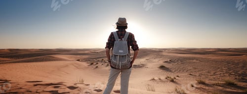 Preview: Attractive Asian Young Woman In Plaid Shirt In Desert, Treveling In Uae On Safari, Wearing Hat And