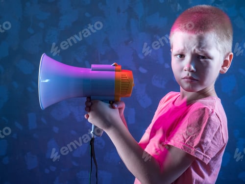 Preview: Child Screaming Into Loudspeaker. Kid Shouting Through Megaphone. Communication Concept. Black