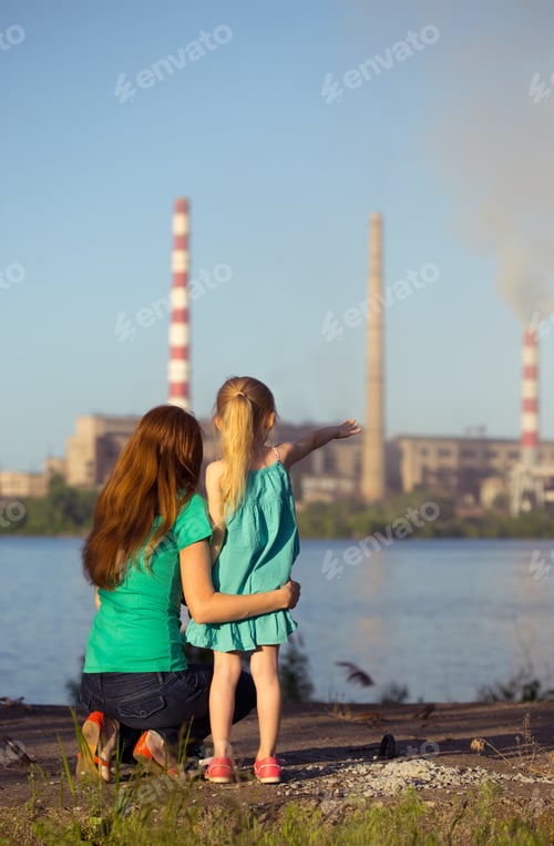 Preview: Care Future Concept. Sisters Are Looking At The Chimney-Stalks Polluting An Air