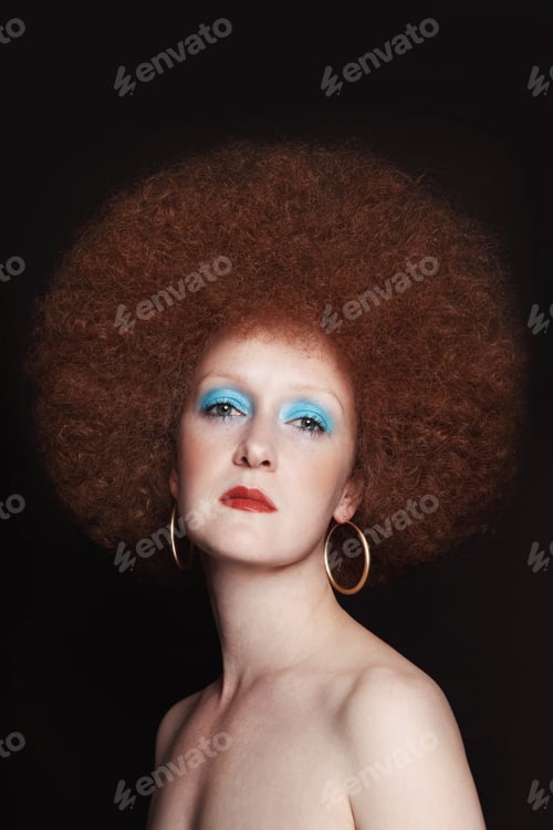 Preview: Vintage Style Portrait Of Young Beautiful Woman With Fancy Makeup And Afro Hair
