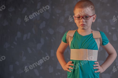 Preview: Kid In Corrector For Spine In Green T-Shirt On A Gray Background Child Wearing Back Support Belt