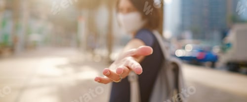 Preview: Portrait Of Young Woman Wearing In Blue Dress And White Mask For Prevent Virus, Walk In Front Of