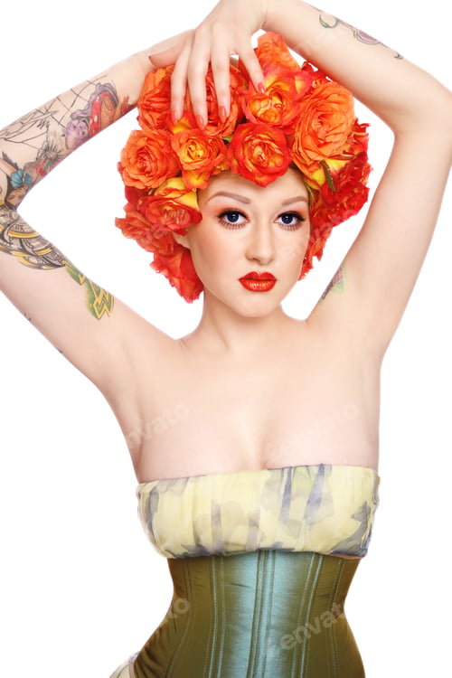 Preview: Young Beautiful Sexy Girl In Corset With Colorful Flowers On Her Head