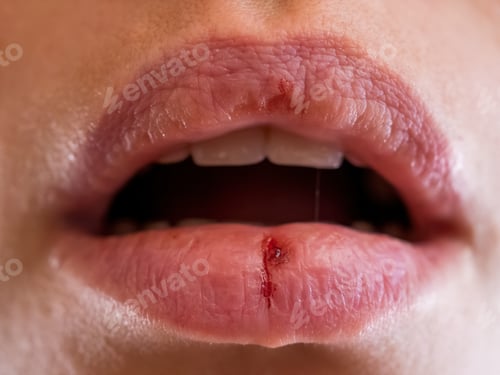 Preview: Close-Up Pale Female Lips Cracked From Frost, Wind, Lack Of Vitamins. Herpes Disease Virus Wound
