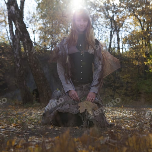 Preview: Beautiful Woman Dressed Boho Style Sitting On The Autumn Leafes