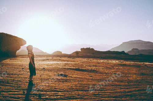 Preview: Beautiful Young Woman In Timna, Desert In Israel. Rocks In Sunset Time. Mystic Concept