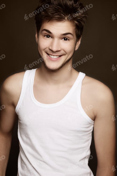 Preview: Black And White Colored Photo Of Young Attractive Sexy Man In Casual Clothes Laughing
