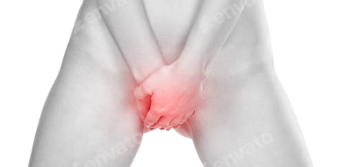 Preview: A Woman Holding Her Vagina, Experiencing Pain From The Menstruation Cycle. Isolated On White