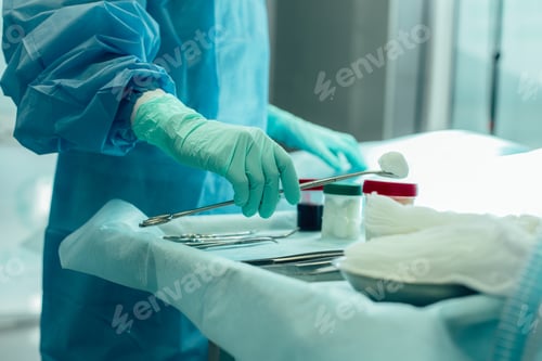 Preview: Hand In Rubber Glove Holding Forceps While Taking A Piece Of Cotton Wool In The Operating Theatre