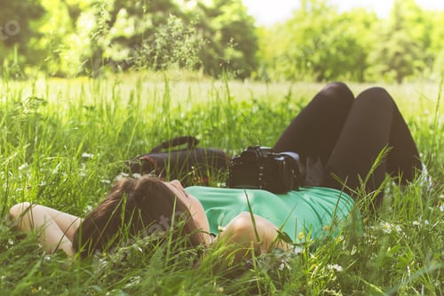 Preview: Carefree Young Woman Relax In Fields , Taking Photo In Nature