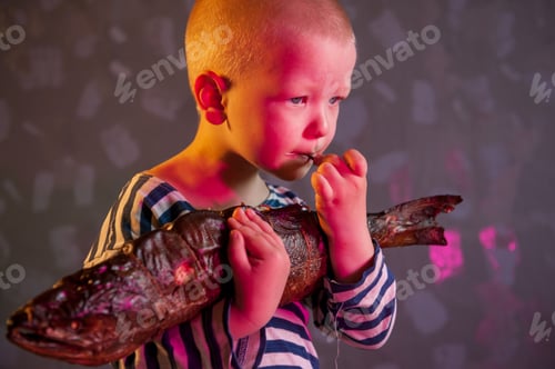 Preview: Little Blond Boy Shows Big Smoked Fish. Child Wants To Catch Big Fish In Ariver. Concept Of Organic