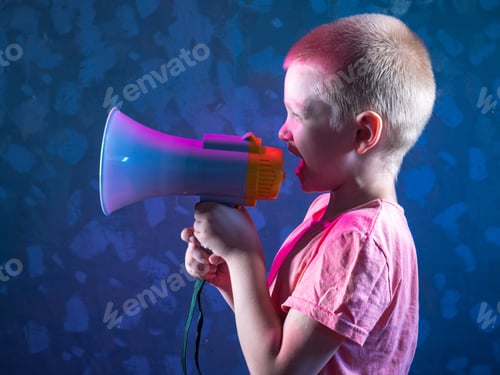 Preview: Child Screaming Into Loudspeaker. Kid Shouting Through Megaphone. Communication Concept. Black