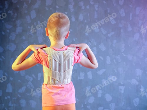 Preview: Kid In Corrector For Spine In Pink T-Shirt On A Gray Background Child Wearing Back Support Belt For