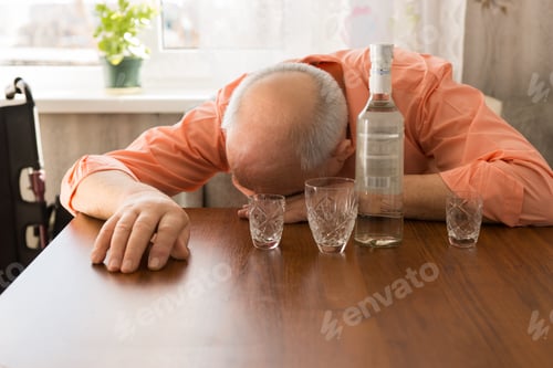 Preview: Close Up Drunk Bald Elderly Taking A Nap On The Wooden Table With Vodka And Small Glasses.